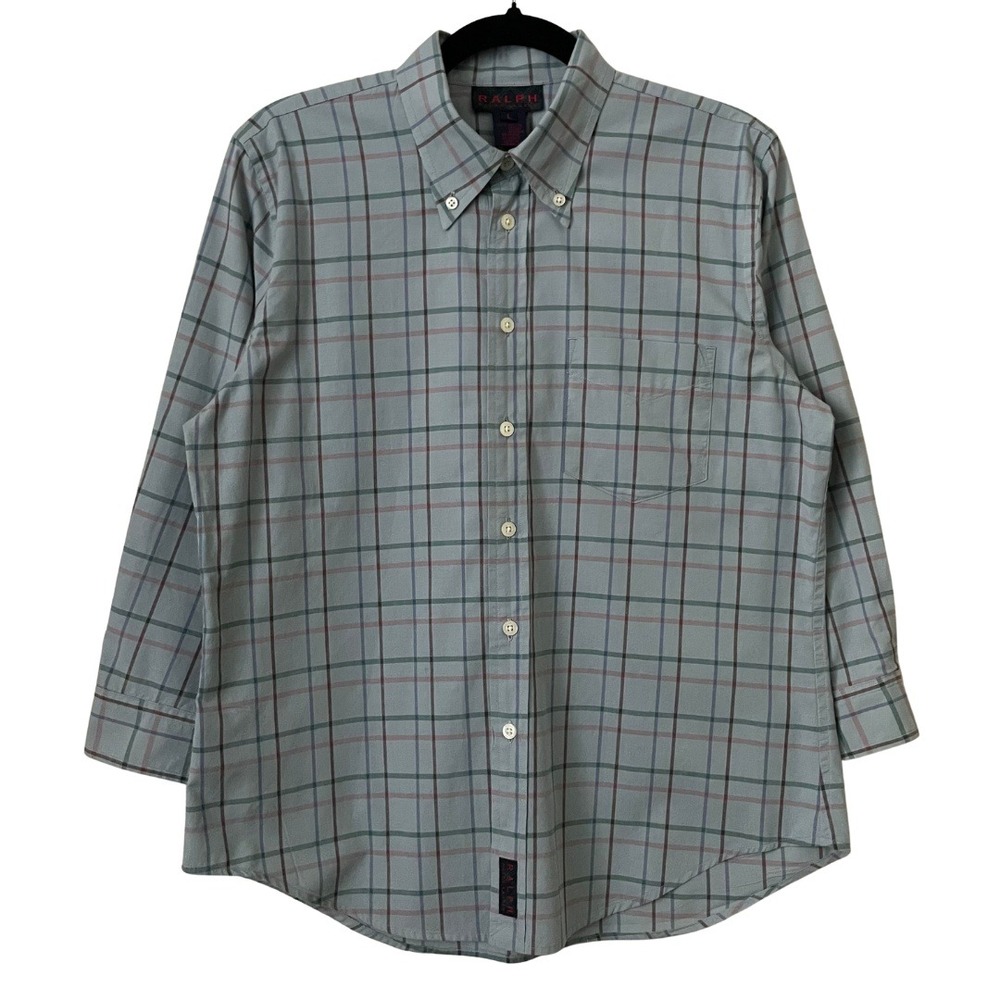 Vintage Ralph Lauren Shirt Boys Large Blue Green Plaid Button Down Cotton Y2K